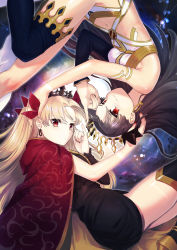 Rule 34 | 2girls, absurdres, armlet, asymmetrical sleeves, bare shoulders, black dress, black footwear, black hair, black ribbon, blonde hair, blue thighhighs, blush, boots, breasts, cape, commentary, crown, dress, earrings, ereshkigal (fate), fate/grand order, fate (series), gold trim, hair ornament, hair ribbon, hand on another&#039;s head, highres, hoop earrings, infinity symbol, ishtar (fate), jewelry, light blush, long hair, long sleeves, looking at viewer, looking to the side, medium breasts, multiple girls, nail polish, navel, necklace, parted bangs, red cape, red eyes, red nails, red ribbon, ribbon, sahara1127, single sleeve, single thighhigh, smile, spine, thigh boots, thighhighs, thighs, tiara, tsurime, two side up, uneven sleeves