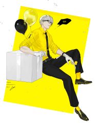 Rule 34 | 1boy, absurdres, alternate costume, balloon, bespectacled, black-framed eyewear, black footwear, black necktie, black pants, box, btmr game, candy, confetti, food, glasses, gloves, highres, lollipop, male focus, mouth hold, narukami yuu, necktie, pants, persona, persona 4, shirt, signature, silver hair, socks, solo, two-tone background, valentine, white gloves, yellow shirt, yellow socks