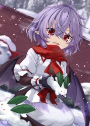Rule 34 | 1girl, akisome hatsuka, bat wings, black gloves, fang, gloves, looking at viewer, open mouth, outdoors, pointy ears, purple hair, red eyes, red scarf, remilia scarlet, scarf, short hair, short sleeves, sitting, skin fang, smile, snow, snow rabbit, snowing, solo, touhou, wings, winter clothes, wrist cuffs