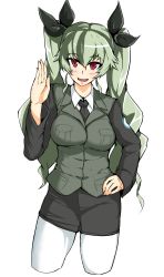 Rule 34 | 10s, 1girl, alternate costume, anchovy (girls und panzer), black jacket, black necktie, black ribbon, black skirt, cowboy shot, cropped legs, dress shirt, drill hair, emblem, girls und panzer, green hair, hair between eyes, hair ribbon, hand on own hip, jacket, long hair, long sleeves, looking at viewer, military, military uniform, miniskirt, necktie, nexas, pantyhose, parted lips, pencil skirt, red eyes, ribbon, selection university (emblem), selection university military uniform, shirt, simple background, skirt, smile, solo, standing, twin drills, twintails, uniform, waving, white background, white pantyhose, white shirt