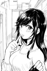 Rule 34 | 1girl, bad id, bad twitter id, blush, breasts, close-up, commentary request, dress, finger to mouth, greyscale, holding, large breasts, long hair, looking at viewer, monochrome, nail, nikaidou kou, open mouth, original, pov, signature, smile, solo