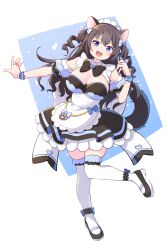 Rule 34 | 1girl, animal ears, ankle bow, ankle ribbon, ankle strap, apron, assault lily, black bow, black bowtie, black dress, black footwear, black hair, blue background, bow, bowtie, breasts, cat ears, cat girl, cat tail, cleavage, collared dress, commentary request, detached sleeves, dress, drill hair, frilled apron, frilled dress, frills, full body, hair bow, hands up, heart, highres, jewelry, kemonomimi mode, large breasts, leg up, long hair, maid, maid headdress, morugen, official alternate costume, outstretched arm, puffy detached sleeves, puffy sleeves, ribbon, ring, shoes, short sleeves, sleeveless, sleeveless dress, solo, standing, standing on one leg, tail, thighhighs, twin drills, two-tone background, two side up, waist apron, wavy hair, white apron, white background, white thighhighs, wrist cuffs, yokota haruna, zettai ryouiki