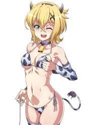 Rule 34 | 1girl, akatsuki kirika, animal print, bare shoulders, bell, bikini, blonde hair, blush, breasts, breasts squeezed together, collar, covered erect nipples, cow horns, cow print, cow tail, cowbell, cowboy shot, green eyes, hair between eyes, hair ornament, highres, horns, legs together, looking at viewer, medium breasts, navel, neck bell, one eye closed, open mouth, print bikini, senki zesshou symphogear, shiny skin, short hair, simple background, skindentation, solo, standing, swimsuit, syunzou, tail, teeth, thighhighs, undressing, untied bikini, white background, x hair ornament