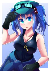 Rule 34 | 1girl, :o, adjusting clothes, adjusting headwear, bare arms, bare shoulders, black gloves, blue eyes, blue hair, blush, breasts, camisole, clothes around waist, gloves, goggles, goggles on headwear, hair bobbles, hair ornament, hat, head tilt, highres, jacket, jacket around waist, kawashiro nitori, key, large breasts, matching hair/eyes, open mouth, solo, sweat, sweatdrop, tanakara, tank top, touhou, twintails, two side up