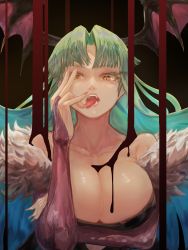 Rule 34 | 1girl, aqua hair, bare shoulders, black background, blood, blood on breasts, breasts, bridal gauntlets, collarbone, covered erect nipples, cropped, demon girl, fangs, fingernails, fur trim, gradient hair, green hair, head wings, licking, licking finger, long fingernails, long hair, morrigan aensland, multicolored hair, nail polish, open mouth, pink nails, renkoma, shiny skin, solo, tongue, tongue out, vampire, vampire (game), wings, yellow eyes