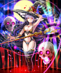 Rule 34 | 1girl, bare shoulders, black thighhighs, blood, breasts, earrings, garter straps, glowing, glowing eyes, halloween, hand on headwear, hat, jewelry, kuroi nyan, long hair, midriff, moon, navel, necklace, official art, pentagram, pointy ears, purple hair, red eyes, senjou no electro girl, skull, solo, staff, thighhighs, witch, witch hat