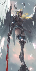Rule 34 | 1girl, angel, armor, blonde hair, blood, bloody weapon, breastplate, feathered wings, gauntlets, ghostblade, glaive (polearm), greaves, halo, helmet, highres, lips, long hair, nose, on pole, original, polearm, red eyes, solo, standing, standing on one leg, striped clothes, striped thighhighs, thighhighs, tiptoes, vertical-striped clothes, vertical-striped thighhighs, weapon, wings, wlop