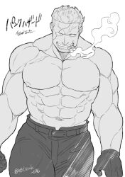 Rule 34 | 1boy, abs, bara, biceps, cowboy shot, facial hair, gloves, greyscale, large pectorals, legs together, looking to the side, male focus, mature male, medium sideburns, monochrome, muscular, muscular male, navel, nipples, one piece, pants, pectorals, scar, scar on face, scar on forehead, sekijaku, short hair, sideburns stubble, smoker (one piece), solo, sparse stubble, square face, stitches, stomach, strongman waist, stubble, thick arms, topless male, translation request, tsurime, walking
