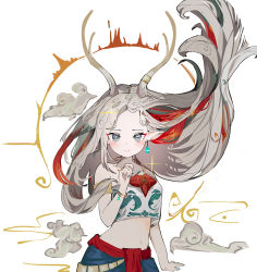Rule 34 | 1girl, arknights, arm at side, closed mouth, crop top, earrings, floating hair, grey eyes, hand up, highres, horns, jewelry, looking at viewer, navel, nine-colored deer, pointy ears, ryu (17569823), smile, solo, upper body, white background, white hair