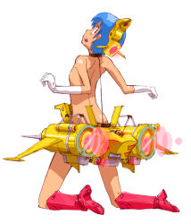 Rule 34 | blue hair, boots, choker, flat chest, gloves, kneeling, mecha musume, mechanical parts, mzn, nude, short hair, solo