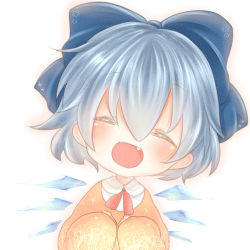 Rule 34 | 1girl, alternate costume, blue hair, blush, bow, cirno, cocoa (artist), detached wings, closed eyes, fang, hair bow, ice, ice wings, open mouth, shii (cocoa), short hair, solo, touhou, wings