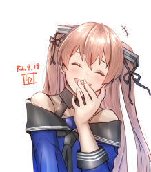 Rule 34 | 1girl, artist logo, blue shirt, breasts, closed eyes, commentary request, covering own mouth, dated, highres, johnston (kancolle), kantai collection, laughing, ld (luna dial398), light brown hair, long hair, medium breasts, off shoulder, one-hour drawing challenge, open mouth, sailor collar, school uniform, serafuku, shirt, simple background, smile, solo, teeth, two side up, upper body, upper teeth only, white background