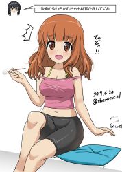 Rule 34 | 2girls, ^^^, absurdres, arti fight, bike shorts, black hair, black shorts, blunt bangs, blush, bra strap, camisole, casual, chibi, chibi inset, commentary, dated, frown, girls und panzer, hairband, highres, holding, legs, long hair, looking at viewer, midriff, motion lines, multiple girls, navel, one-hour drawing challenge, open mouth, orange eyes, orange hair, pillow, pink shirt, plump, shiina excel, shirt, shorts, sitting, solo focus, strap slip, surprised, takebe saori, translated, twitter username, white hairband