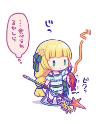 Rule 34 | 1girl, blonde hair, chibi, fire emblem, fire emblem: three houses, fire emblem heroes, fish, flower, green eyes, hair flower, hair ornament, hiyori (rindou66), holding, ingrid brandl galatea, long hair, nintendo, polearm, simple background, solo, swimsuit, weapon, white background