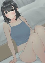 Rule 34 | 1girl, absurdres, bed, black hair, blue tank top, blush, breasts, brown eyes, commentary request, goshiki suzu, highres, indoors, long hair, looking at viewer, medium breasts, on floor, original, panties, parted lips, short hair, sitting, solo, spaghetti strap, sweat, tank top, underwear, underwear only, very long hair, white panties