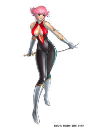 Rule 34 | 1girl, black bodysuit, bodysuit, boots, breasts, choker, cleavage, cutie honey, cutie honey (character), full body, gloves, kisaragi honey, large breasts, magical girl, pink eyes, pink hair, pinup (style), ryu (ryu&#039;s form site), short hair, skinny, slender, smile, solo, sword, toei animation, weapon