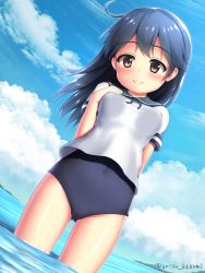 Rule 34 | 10s, 1girl, antenna hair, arisu kazumi, artist name, black hair, blue sky, blue one-piece swimsuit, breasts, brown eyes, cloud, day, gluteal fold, hand on own chest, highres, island, kantai collection, long hair, looking at viewer, mountain, neck ribbon, ocean, one-piece swimsuit, ribbon, school uniform, serafuku, sky, solo, swimsuit, swimsuit under clothes, ushio (kancolle)