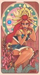 Rule 34 | 1girl, art nouveau, blue lips, bracelet, commentary, dark-skinned female, dark skin, english commentary, flower, full body, gerudo, green eyes, highres, jewelry, lipstick, long hair, looking at viewer, makeup, nintendo, pointy ears, red hair, riju, sabtastic, signature, solo, the legend of zelda, the legend of zelda: breath of the wild, tiara
