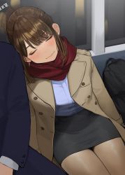 Rule 34 | 1girl, bag, black skirt, blush, brown hair, brown pantyhose, closed eyes, closed mouth, coat, commentary request, douki-chan (douki-chan), earrings, ganbare douki-chan, highres, jewelry, long sleeves, open clothes, open coat, pantyhose, red scarf, scarf, sitting, skirt, sleeping, solo focus, train interior, yomu (sgt epper), zzz