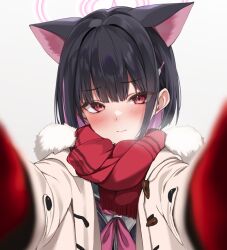 Rule 34 | 1girl, animal ears, black hair, blue archive, blush, cat ears, closed mouth, coat, colored inner hair, extra ears, fur-trimmed coat, fur trim, green sailor collar, hair ornament, hairclip, halo, kazusa (blue archive), long sleeves, looking at viewer, marisasu (marisa0904), multicolored hair, neckerchief, open clothes, open coat, pink hair, pink halo, pink neckerchief, red eyes, red scarf, sailor collar, scarf, short hair, simple background, solo, white background, white coat