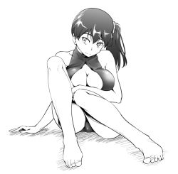 Rule 34 | 10s, 1girl, barefoot, breasts, cleavage, cleavage cutout, clothing cutout, front zipper swimsuit, greyscale, jinbao zhaobo, kaga (kancolle), kantai collection, large breasts, meme attire, monochrome, one-piece swimsuit, short hair, side ponytail, sitting, solo, swimsuit