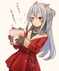 Rule 34 | 1girl, black pantyhose, blue eyes, blush, bokukawauso, brown gloves, chicken (food), coat, collared shirt, cowboy shot, food, gloves, hair between eyes, headgear, holding, i-203 (kancolle), kantai collection, kfc, long hair, long sleeves, official alternate costume, open mouth, pantyhose, red coat, shirt, silver hair, solo, sparkle, translation request, white shirt, wss (nicoseiga19993411)