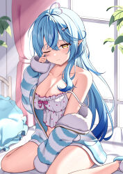 Rule 34 | 1girl, absurdres, ahoge, bare shoulders, blue hair, blush, breasts, camisole, cleavage, closed mouth, collarbone, colored tips, elf, hair between eyes, hair ornament, heart, heart ahoge, highres, hololive, jacket, kag tsukimi, large breasts, long hair, looking at viewer, multicolored clothes, multicolored hair, multicolored jacket, one eye closed, pointy ears, seiza, sitting, solo, streaked hair, two-tone jacket, virtual youtuber, white camisole, yellow eyes, yukihana lamy