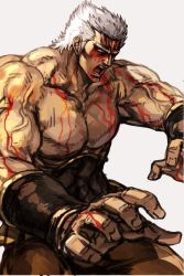 Rule 34 | 1boy, blood, blood on face, bloody tears, bracer, brown pants, cowboy shot, fighting stance, fingernails, grey background, hokuto no ken, hungry clicker, injury, male focus, one eye closed, open mouth, pants, raoh (hokuto no ken), topless male, silver hair, simple background, solo, standing, veins