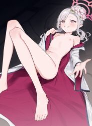 Rule 34 | 1girl, absurdres, aruruaaaa, bare shoulders, barefoot, blue archive, blush, bottomless, breasts, collarbone, commentary, convenient leg, eyeliner, feet, flat chest, flower, grey hair, grin, hair bun, hair flower, hair ornament, halo, highres, japanese clothes, kimono, knees together feet apart, knees up, legs, long legs, looking at viewer, lying, makeup, mutsuki (blue archive), mutsuki (new year) (blue archive), navel, nipples, official alternate costume, on back, open clothes, open kimono, outstretched hand, pointy ears, single hair bun, slit pupils, small breasts, smile, solo, stomach, teeth, toes, white kimono