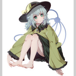 Rule 34 | 1girl, aoi (annbi), barefoot, black hat, bow, expressionless, green eyes, green hair, green skirt, hat, highres, jacket, komeiji koishi, long sleeves, looking at viewer, sitting, skirt, sleeves past wrists, solo, toes, touhou, white background, yellow bow, yellow jacket