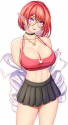 Rule 34 | 1girl, :p, anisdrawn, bare shoulders, black choker, black skirt, blush, breasts, camisole, choker, cleavage, collarbone, commentary, cowboy shot, crop top, glasses, highres, jacket, jewelry, large breasts, long sleeves, looking at viewer, midriff, miniskirt, navel, off shoulder, original, pendant, pleated skirt, pointy ears, purple eyes, red hair, round eyewear, sana (anisdrawn), short hair, simple background, skirt, smile, solo, spaghetti strap, standing, stomach, thighs, tongue, tongue out, white background, white jacket