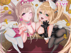 Rule 34 | 2girls, 403 oekaki suke, absurdres, animal ears, black gloves, black leotard, black pantyhose, blonde hair, blush, bow, bowtie, breasts, cleavage, coin, detached collar, fake animal ears, fake tail, fang, gloves, goddess of victory: nikke, gold coin, green eyes, high ponytail, highres, horns, large breasts, leotard, light brown hair, long hair, multiple girls, official alternate costume, one eye closed, open mouth, pantyhose, pink bow, pink bowtie, pink eyes, pink horns, pink leotard, playboy bunny, rabbit ears, rabbit tail, rupee (nikke), rupee (rabbit deluxe) (nikke), skin fang, tail, very long hair, viper (nikke), viper (toxic rabbit) (nikke), white pantyhose, wrist cuffs