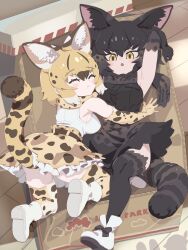 Rule 34 | 2girls, all fours, animal ear fluff, animal ears, animal print, armpits, ass, bare shoulders, black hair, black serval (kemono friends), blonde hair, blush, bow, bowtie, box, breasts, brown hair, cardboard box, closed eyes, closed mouth, extra ears, from above, front-tie top, full body, gloves, high-waist skirt, highres, indoors, kemono friends, kunikuni (kunihiro2005), looking at another, lying, medium breasts, medium hair, multicolored hair, multiple girls, on back, on box, parted lips, print bow, print bowtie, print gloves, print scarf, print skirt, print thighhighs, scarf, serval (ex4) (kemono friends), serval print, shadow, shirt, shoes, skirt, sleeveless, sleeveless shirt, tail, thighhighs, underbutt, v-shaped eyebrows, wooden floor, yellow eyes, zettai ryouiki