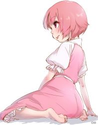 Rule 34 | 1girl, :p, ass, barefoot, dress, feet, female focus, from behind, full body, highres, pink dress, pink eyes, pink hair, short hair, short sleeves, simple background, sitting, soles, solo, takami masahiro, toaru majutsu no index, toes, tongue, tongue out, tsukuyomi komoe, white background, white sleeves