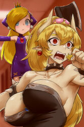 Rule 34 | 2girls, areola slip, arm up, armlet, armpits, arms up, axe, bare shoulders, blonde hair, blue eyes, blurry, blurry background, blush stickers, bouncing breasts, bowsette, bracelet, breasts, brooch, closed mouth, collar, collarbone, covered erect nipples, crown, double-parted bangs, dress, earrings, fangs, female focus, fingernails, fleeing, floating boy chasing running boy (meme), furrowed brow, hair between eyes, haraya manawari, highres, horns, indoors, jewelry, large breasts, long hair, looking at another, mario (series), mario power tennis, mario tennis, meme, meme request, microdress, mini crown, multiple girls, new super mario bros. u deluxe, nintendo, open mouth, outstretched arms, pointy ears, red eyes, ringed eyes, running, scared, sharp teeth, sleeveless, sleeveless dress, slit pupils, spiked armlet, spiked bracelet, spiked collar, spikes, spread arms, staring, strapless, strapless dress, super crown, sweat, t-pose, tearing up, teeth, very long hair, warupeach, wide-eyed