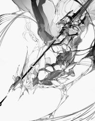 Rule 34 | 1girl, a9712mob, arknights, commentary, cropped legs, gladiia (arknights), gloves, greyscale, hat, high collar, highres, holding, holding polearm, holding weapon, looking at viewer, monochrome, pointy ears, polearm, simple background, sketch, solo, upside-down, weapon, white background