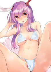 Rule 34 | 1girl, :d, animal ears, asuzemu, bare arms, bare shoulders, bikini, blush, breasts, brown eyes, commentary request, foreshortening, hairband, hand in own hair, hand up, long hair, looking at viewer, medium breasts, micro bikini, navel, nose blush, open mouth, purple hair, rabbit ears, reisen udongein inaba, sidelocks, simple background, sitting, smile, solo, stomach, sweat, swimsuit, thighs, touhou, underboob, white background, white bikini