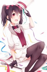 Rule 34 | 10s, 1girl, ;o, aya (8819062), black gloves, black hair, black thighhighs, bow, bowtie, cane, collared shirt, confetti, formal, gloves, hair bow, hat, hat tip, holding, holding clothes, holding hat, love live!, love live! school idol festival, love live! school idol project, magician, one eye closed, pink bow, red eyes, shirt, shoes, simple background, sitting, skirt, solo, suit, tailcoat, thighhighs, top hat, traditional bowtie, tuxedo, twintails, white footwear, yazawa nico