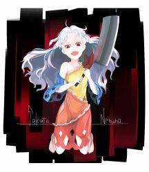 Rule 34 | 1girl, bare shoulders, breasts, collarbone, detached sleeves, dress, grey hair, hatchet, highres, jumping, multicolored clothes, multicolored dress, nata (tool), o (crazyoton46), red eyes, sakata nemuno, short dress, single strap, small breasts, solo, touhou
