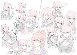 Rule 34 | 2girls, aaaaddddd, absurdres, akuma no riddle, black shirt, blush, breasts, cleavage, closed mouth, commentary request, drawn horns, drawn tail, drill hair, heart, highres, holding, holding paper, inukai isuke, korean text, large breasts, long hair, looking at viewer, multiple girls, multiple views, open mouth, paper, parted lips, pink hair, pleated skirt, purple skirt, red hair, sagae haruki, shirt, simple background, skirt, smile, speech bubble, translation request, white background, yellow eyes