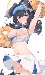 Rule 34 | 1girl, animal ears, arm up, armpits, bare shoulders, black hair, blue archive, blue bow, blue eyes, blush, bow, breasts, breasts out, cheering, cheerleader, cleavage, cowboy shot, crop top, dog ears, dog girl, dog tail, eyewear on head, flying sweatdrops, goggles, goggles on head, halo, hibiki (blue archive), hibiki (cheer squad) (blue archive), highres, holding, holding pom poms, large breasts, long hair, looking at viewer, medium breasts, midriff, mikozin, millennium cheerleader outfit (blue archive), miniskirt, navel, nipples, no panties, open mouth, pleated skirt, pom pom (cheerleading), pom poms, pussy juice, sex toy, simple background, skirt, sleeveless, solo, steam, sweat, tail, thighhighs, vibrator, vibrator cord, white background, white skirt