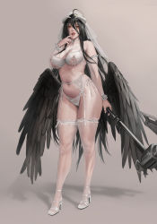Rule 34 | 1girl, albedo (overlord), axe, black hair, black wings, bra, breasts, bridal veil, covered erect nipples, detached sleeves, drooling, fangs, feathered wings, finger to mouth, full body, garter belt, garter straps, high heels, highres, jeneral, lace, lace-trimmed bra, lace-trimmed panties, lace trim, large breasts, lingerie, long hair, looking at viewer, low wings, naughty face, navel, overlord (maruyama), panties, saliva, saliva trail, simple background, solo, standing, stomach, thighhighs, underwear, veil, very long hair, white bra, white footwear, white panties, wings, yellow eyes