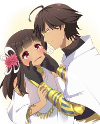 Rule 34 | 1boy, 1girl, absurdres, ahoge, bare shoulders, black gloves, blush, brown hair, cheek pinching, closed mouth, clothing cutout, commentary, dark-skinned female, dark-skinned male, dark skin, eye contact, fate/grand order, fate/prototype, fate/prototype: fragments of blue and silver, fate (series), flower, gloves, hair flower, hair ornament, highres, ikazu401, jewelry, long hair, long sleeves, looking at another, nefertiti (fate/prototype fragments), ozymandias (fate), parted lips, pinching, pink flower, profile, red eyes, robe, shoulder cutout, smile, wavy mouth, white robe, wide sleeves, yellow eyes
