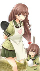 Rule 34 | 10s, 2girls, :o, absurdres, aged down, apron, arm behind back, blush, brown eyes, brown hair, egg, female focus, frying pan, heart, highres, if they mated, kantai collection, leg up, long hair, looking at viewer, mother and daughter, multiple girls, ooi (kancolle), saku (kudrove), school uniform, serafuku, skirt, standing, standing on one leg, uniform, very long hair, white background