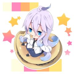 Rule 34 | 1girl, ahoge, black footwear, black necktie, blue eyes, blue hair, blush, boots, breasts, chibi, closed mouth, commentary request, dress shirt, food, fuyou-chan, gradient hair, hair between eyes, holding, holding food, long hair, long sleeves, looking at viewer, medium breasts, milkpanda, mini person, minigirl, multicolored hair, necktie, original, purple hair, purple skirt, shirt, sitting, skirt, sleeves past fingers, sleeves past wrists, solo, star (symbol), tongue, tongue out, very long hair, white shirt