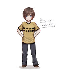 Rule 34 | 1boy, aged down, black pants, blue eyes, brown footwear, brown hair, final fantasy, final fantasy viii, full body, hands on own hips, hiryuu (kana h), looking at viewer, male focus, pants, roman numeral, shadow, shirt, short hair, simple background, solo, squall leonhart, standing, t-shirt, translation request, v-neck, white background, yellow shirt