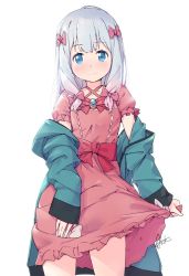 Rule 34 | 1girl, azumi akitake, blue eyes, blue hair, bow, commentary request, cowboy shot, dress, eromanga sensei, frilled dress, frills, green jacket, hair bow, izumi sagiri, jacket, long hair, looking at viewer, low-tied long hair, open clothes, open jacket, pink bow, pink dress, silver hair, simple background, skirt hold, solo, standing, white background