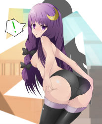 Rule 34 | !, 1girl, ass, bad id, bad pixiv id, black panties, black thighhighs, breasts, crescent, crescent hair ornament, female focus, from behind, hair ornament, looking back, nipples, nshekp, panties, panties only, patchouli knowledge, solo, susabi, thighhighs, topless, touhou, underwear, underwear only