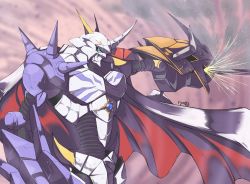 Rule 34 | armor, blurry, blurry background, cape, digimon, digimon (creature), green eyes, horns, no humans, omegamon, red cape, ryo@, shoulder spikes, solo, spikes, sword, twitter username, weapon