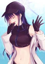 Rule 34 | 1girl, bare shoulders, baseball cap, black gloves, black hat, black shirt, blue archive, blue background, blue hair, blush, breasts, chest harness, closed eyes, coat, commentary request, crop top, gloves, hair between eyes, halo, hands up, harness, hat, highres, laughing, long hair, long sleeves, medium breasts, midriff, navel, no mask, off shoulder, open clothes, open coat, open mouth, saori (blue archive), shirt, sleeveless, sleeveless shirt, smile, solo, standing, teeth, tsurara ishi, underbust, upper body, upper teeth only, very long hair, white coat